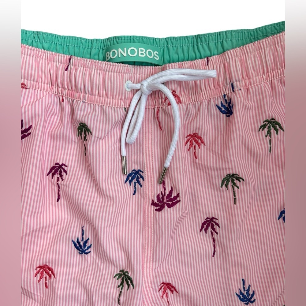 Bonobos Riviera Recycled Swim Trunks Pink Stripes Palm Trees 7” Inseam Size L - Picture 5 of 10